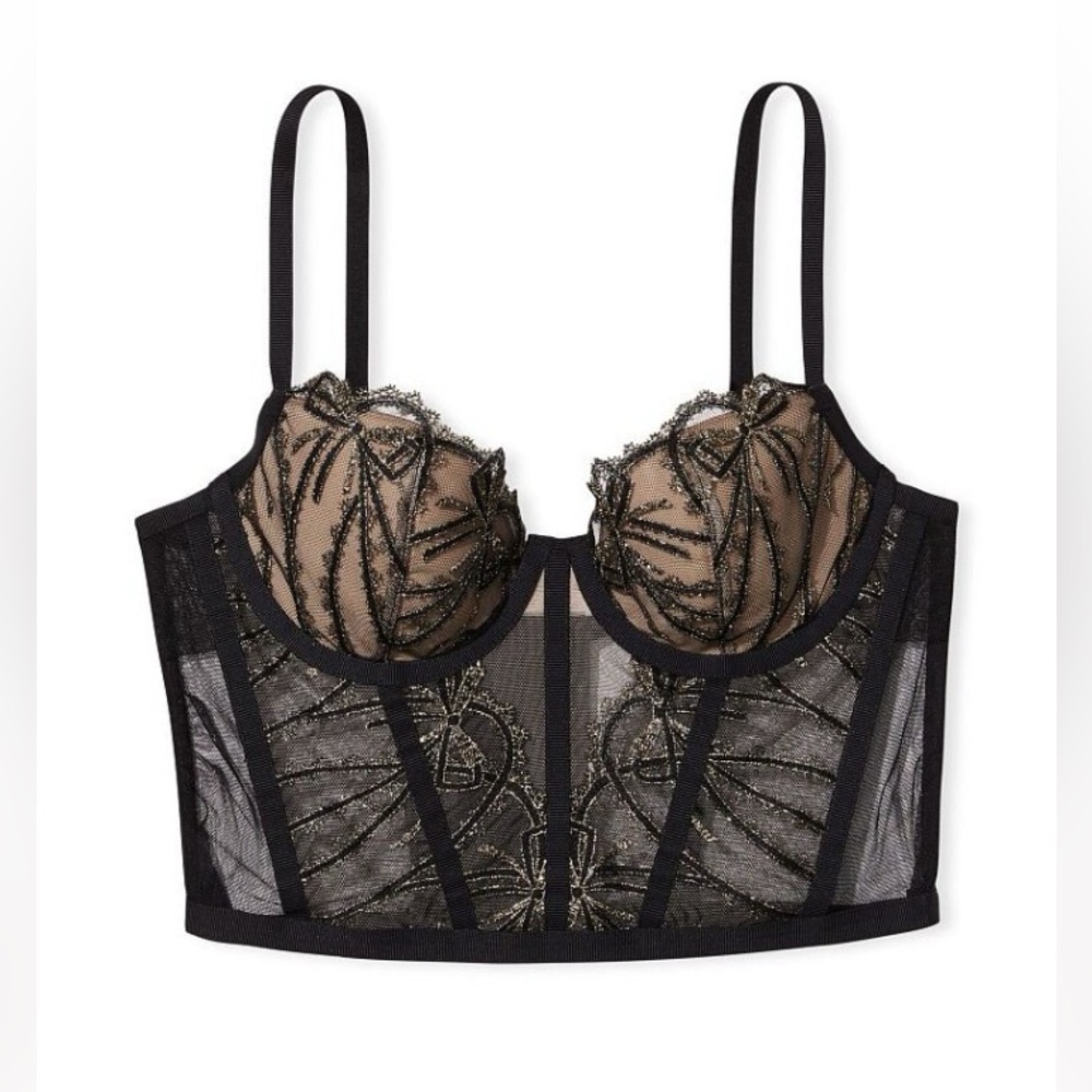 VS DREAM ANGELS  Bow Ribbon Embroidered Lace Corset Bra Bustier Top black/gold - Picture 4 of 8